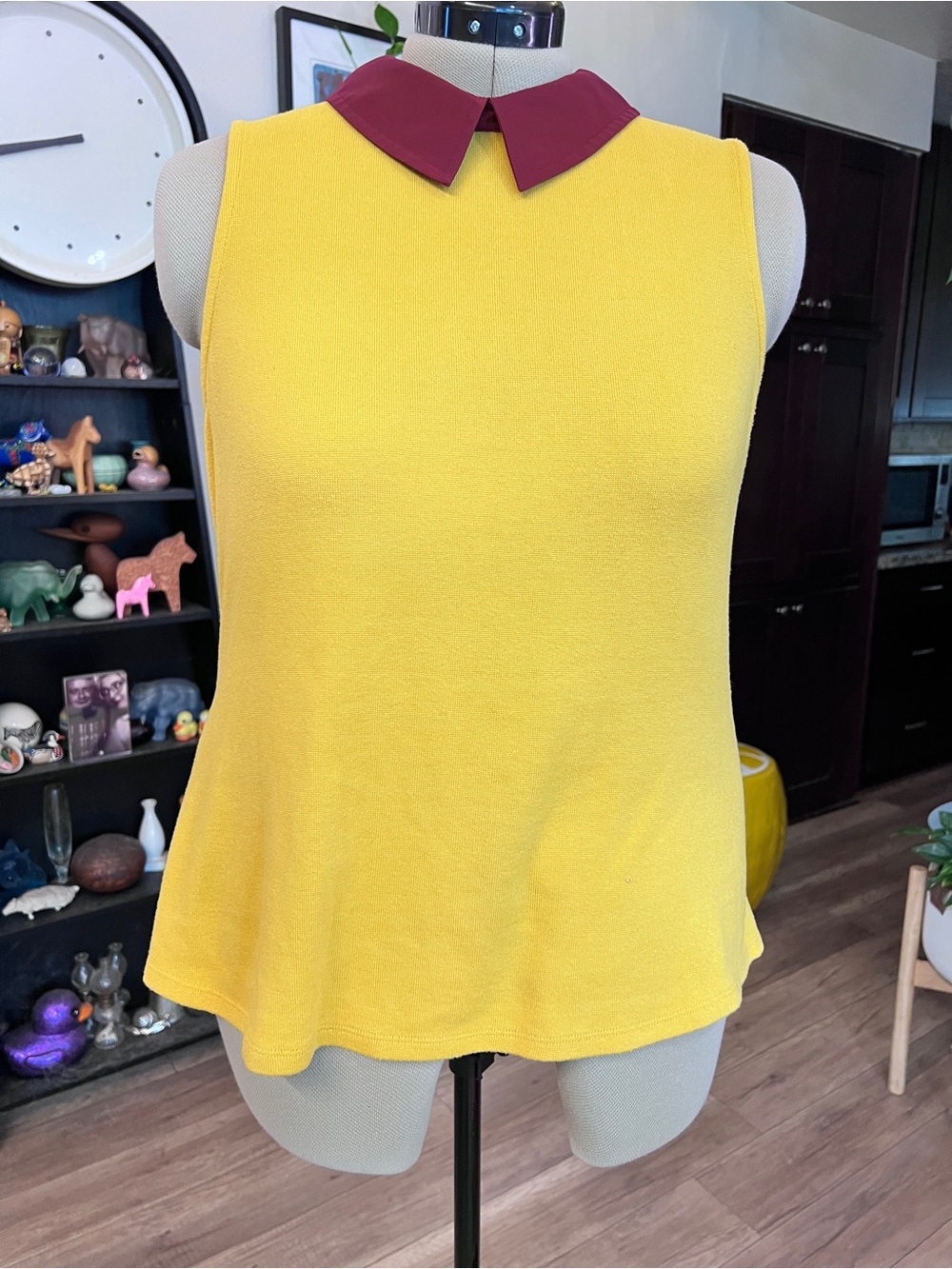 Modcloth Sunflower Yellow Sleeveless Top with Burgundy Collar